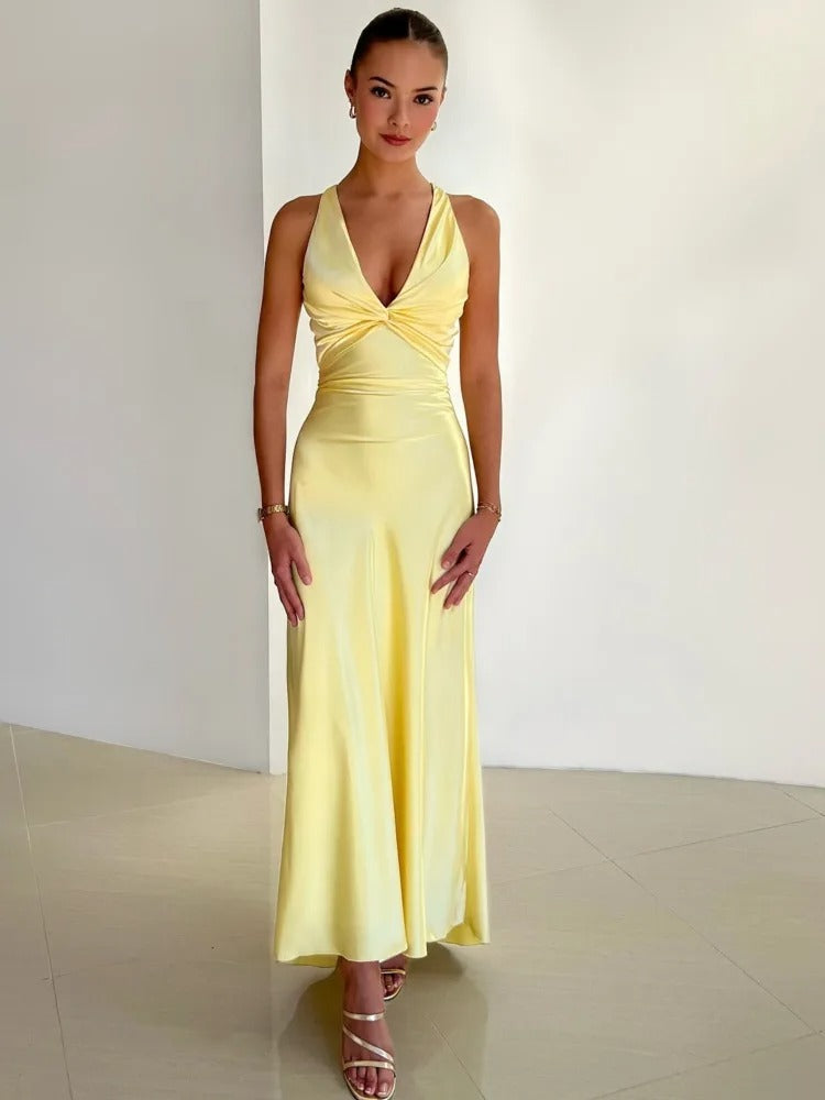 Satijnen Maxi Jurk - Elegante Vrouwenjurk met V-Hals en Rugloze Party Dress-Boetiek Moda