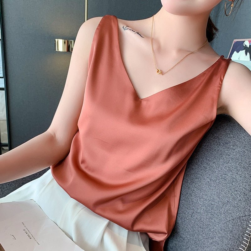Satijnen Top - Elegante, lichte mouwloze top met V-hals voor dames-Boetiek Moda