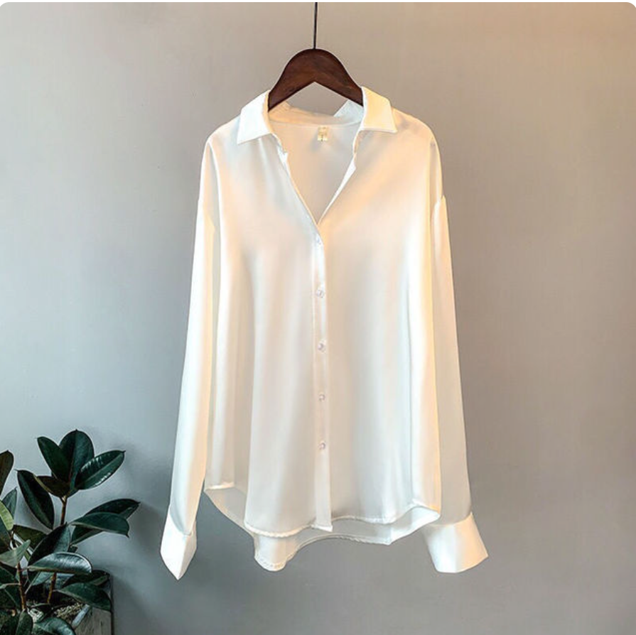 Satijnen blouse - Lange mouwen - Kraag - Overhemd met knopen - Damesblouse-Boetiek Moda