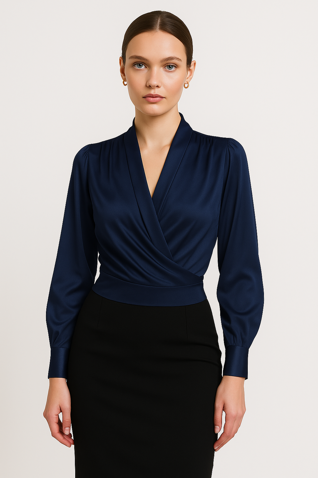Satijnen blouse - lange mouwen - V-hals - satijnen overhemd - damesblouse-Boetiek Moda
