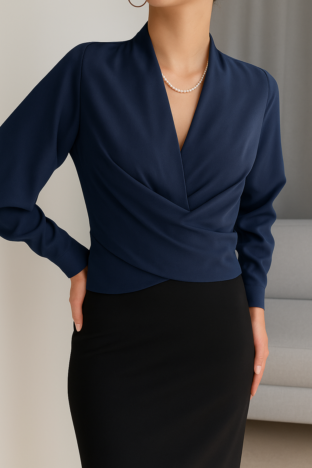 Satijnen blouse - lange mouwen - V-hals - satijnen overhemd - damesblouse-Boetiek Moda