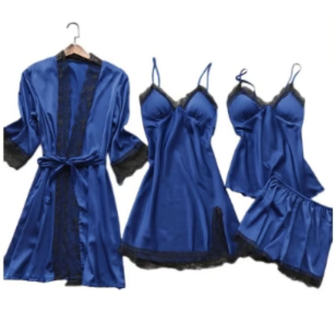Satijnen pyjama - 4-delig - ochtendjas - nachtjapon - satijnen pyjama set-Boetiek Moda