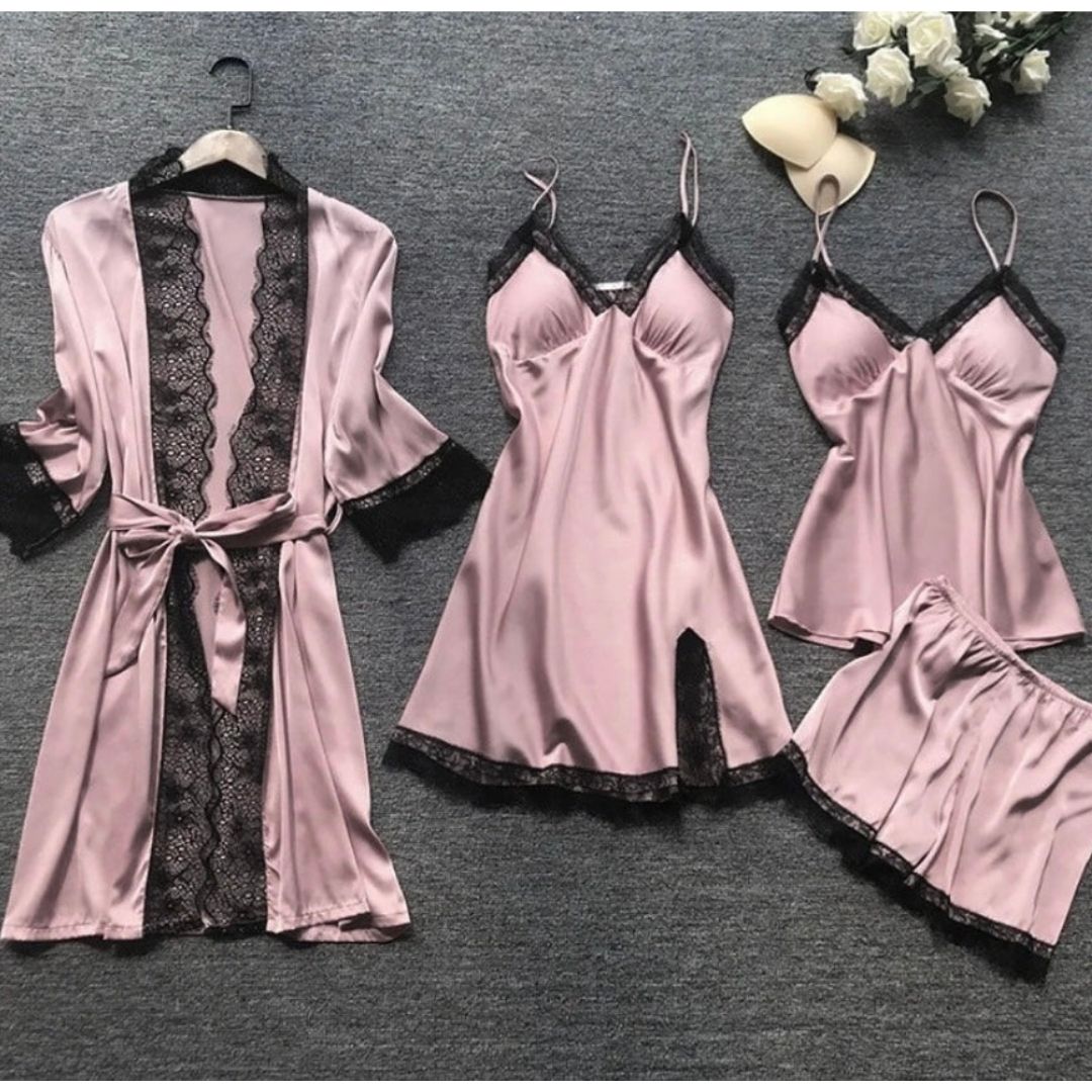 Satijnen pyjama - 4-delig - ochtendjas - nachtjapon - satijnen pyjama set-Boetiek Moda