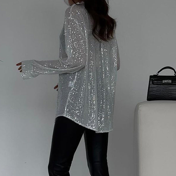 Sequin Blouse - Damesblouse met lange mouwen en knopen, glinsterend-Boetiek Moda