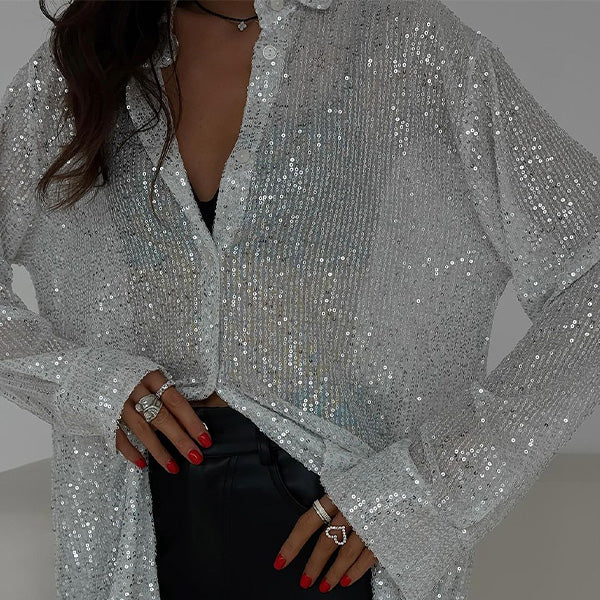 Sequin Blouse - Damesblouse met lange mouwen en knopen, glinsterend-Boetiek Moda