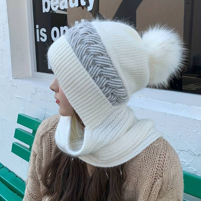 Set Van Muts En Sjaal - Warme gebreide vrouwenmuts met pompom voor de winter-Boetiek Moda