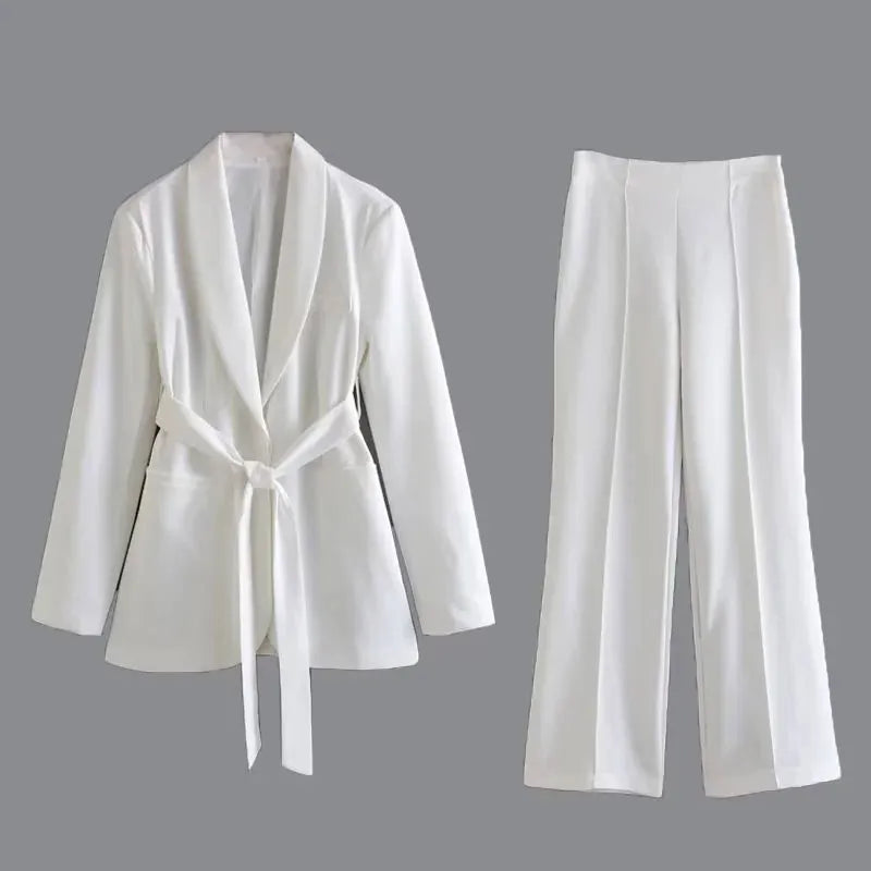 Set broeken en blazers | Wijde pijpen | Riem | Tweedelige set | Kostuum Coordinatie voor dames-Boetiek Moda
