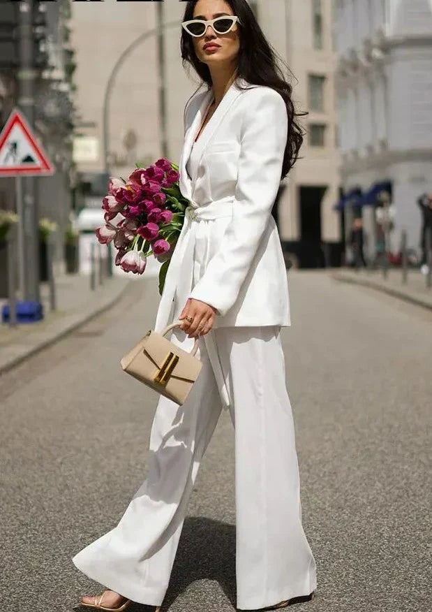 Set broeken en blazers | Wijde pijpen | Riem | Tweedelige set | Kostuum Coordinatie voor dames-Boetiek Moda