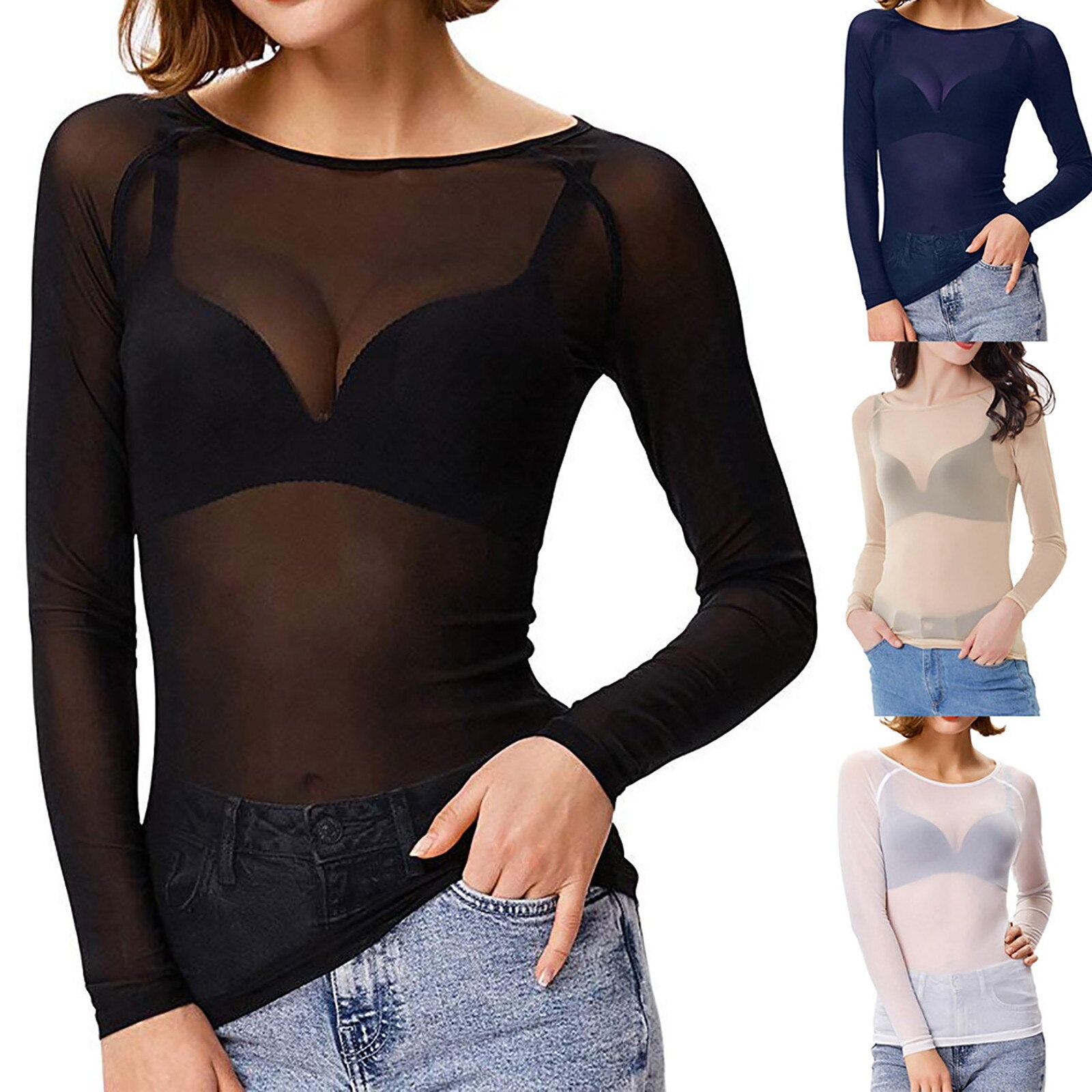 Sheer Top met lange mouwen - Zwart - Wit - Mesh Top met lange mouwen - Dameskleding-Boetiek Moda