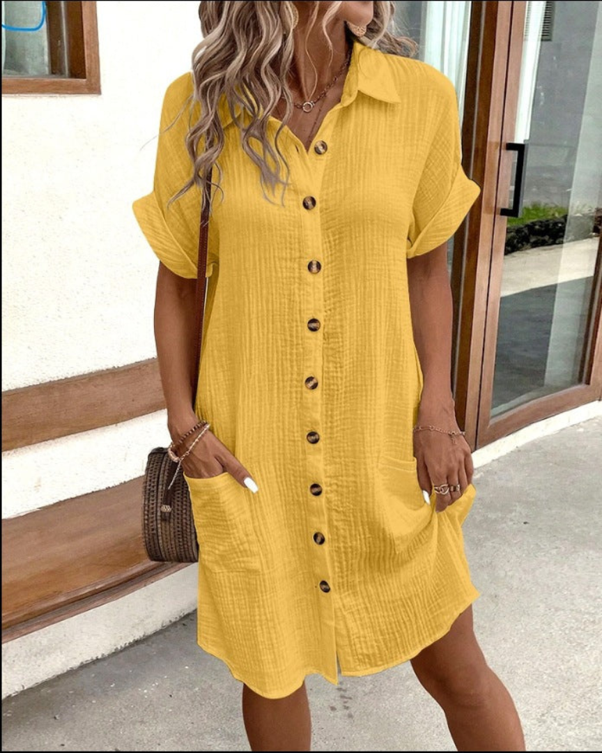 Shirtjurk - Damesjurk met korte mouwen, kraag en knoopsluiting voor de zomer-Boetiek Moda