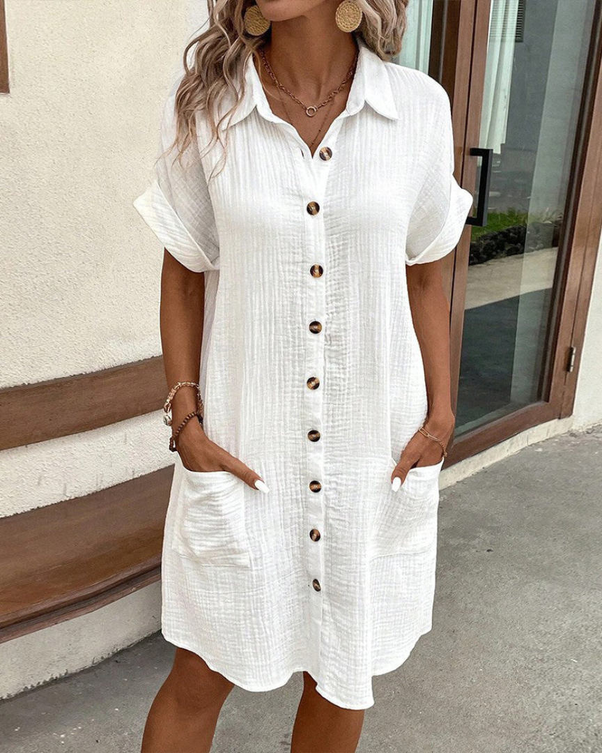 Shirtjurk - Damesjurk met korte mouwen, kraag en knoopsluiting voor de zomer-Boetiek Moda