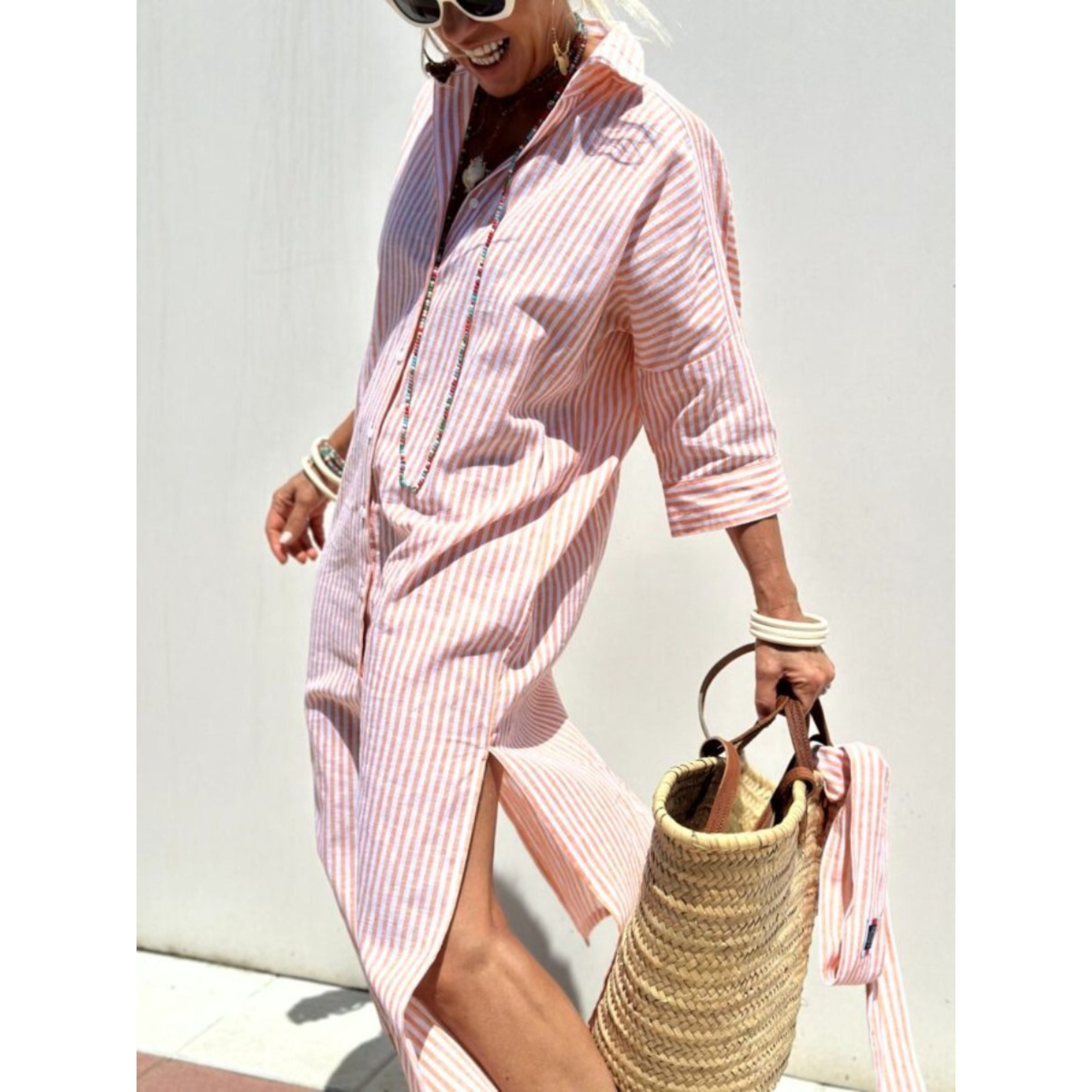 Shirtjurk | Knoopsluiting | Gestreepte | Maxi-jurk met lange mouwen | Maxi-jurk-Boetiek Moda