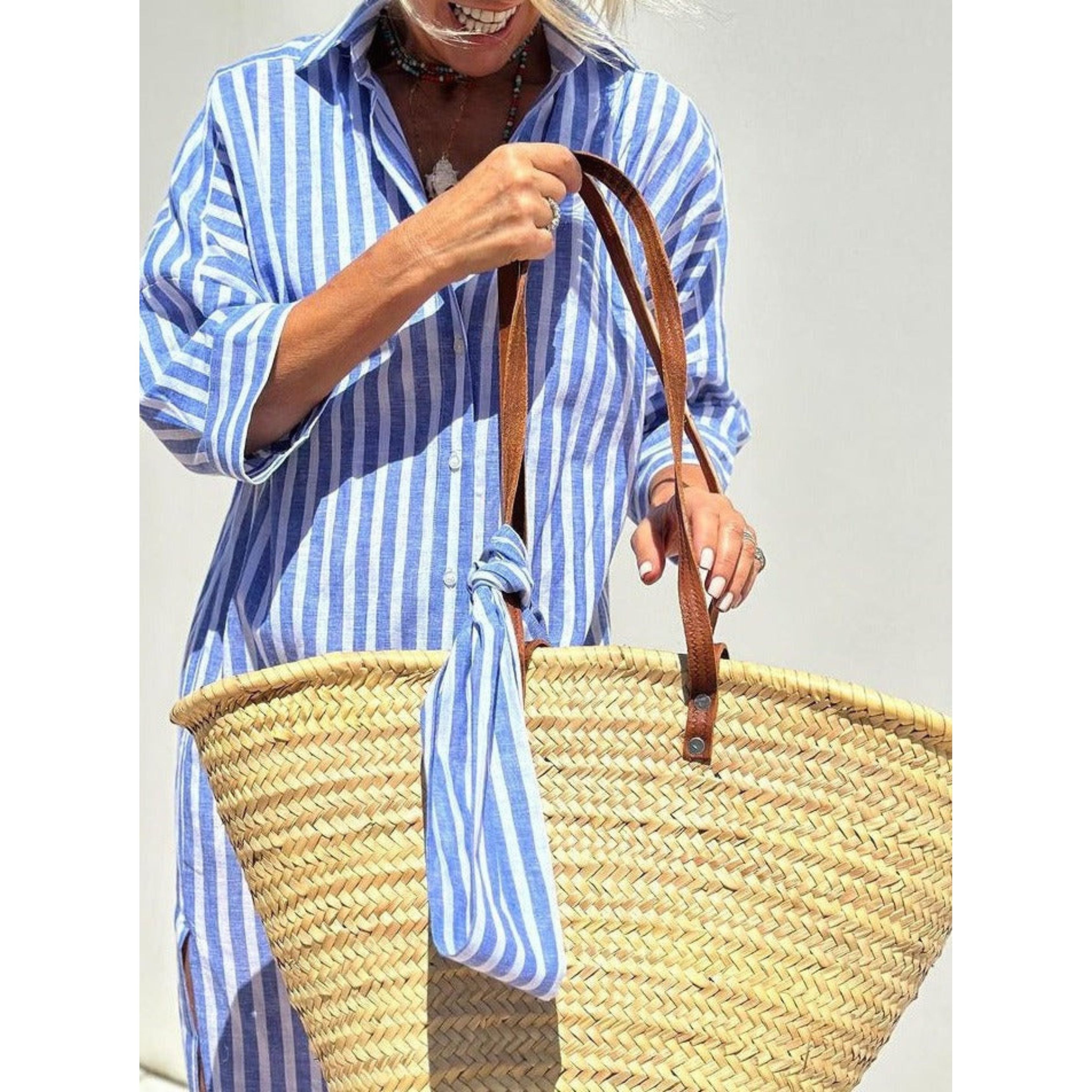 Shirtjurk | Knoopsluiting | Gestreepte | Maxi-jurk met lange mouwen | Maxi-jurk-Boetiek Moda