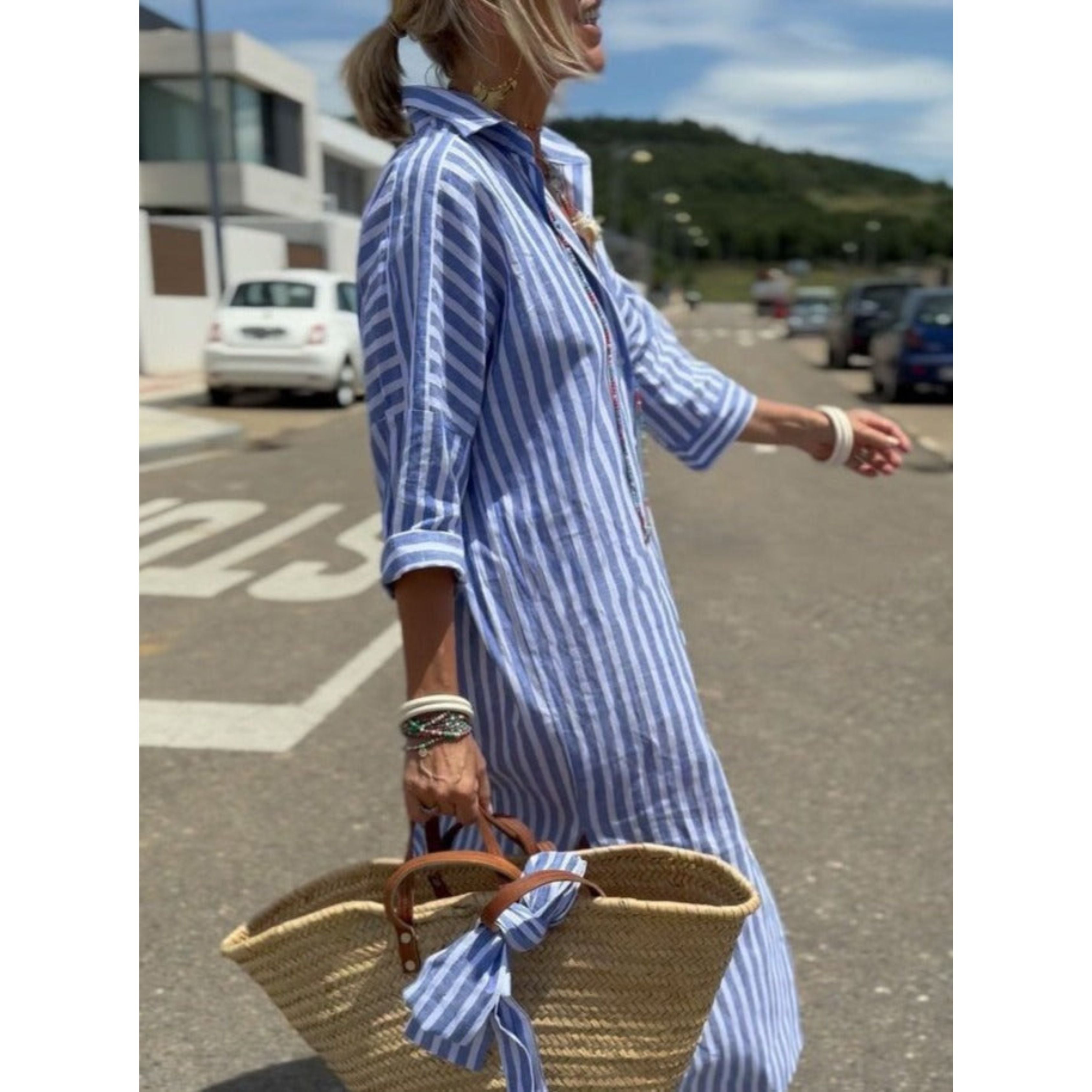 Shirtjurk | Knoopsluiting | Gestreepte | Maxi-jurk met lange mouwen | Maxi-jurk-Boetiek Moda