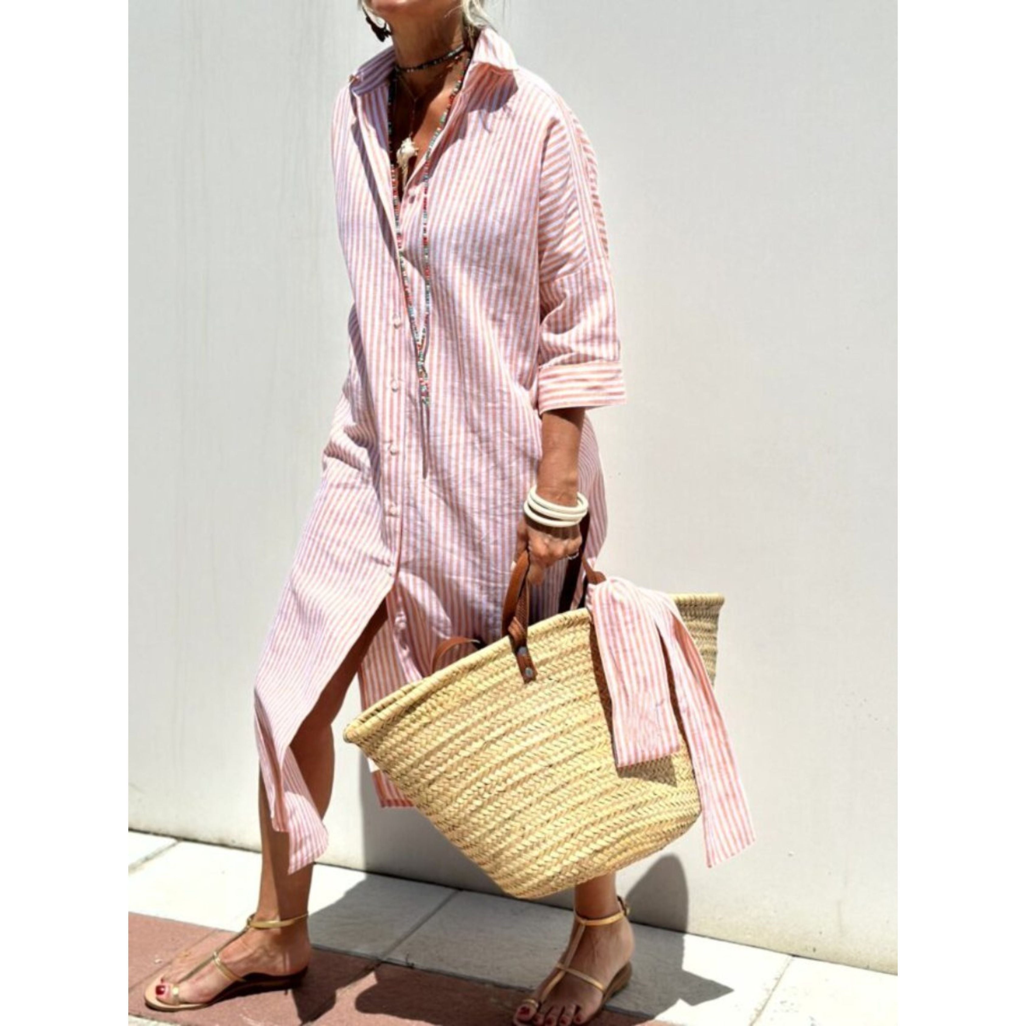 Shirtjurk | Knoopsluiting | Gestreepte | Maxi-jurk met lange mouwen | Maxi-jurk-Boetiek Moda