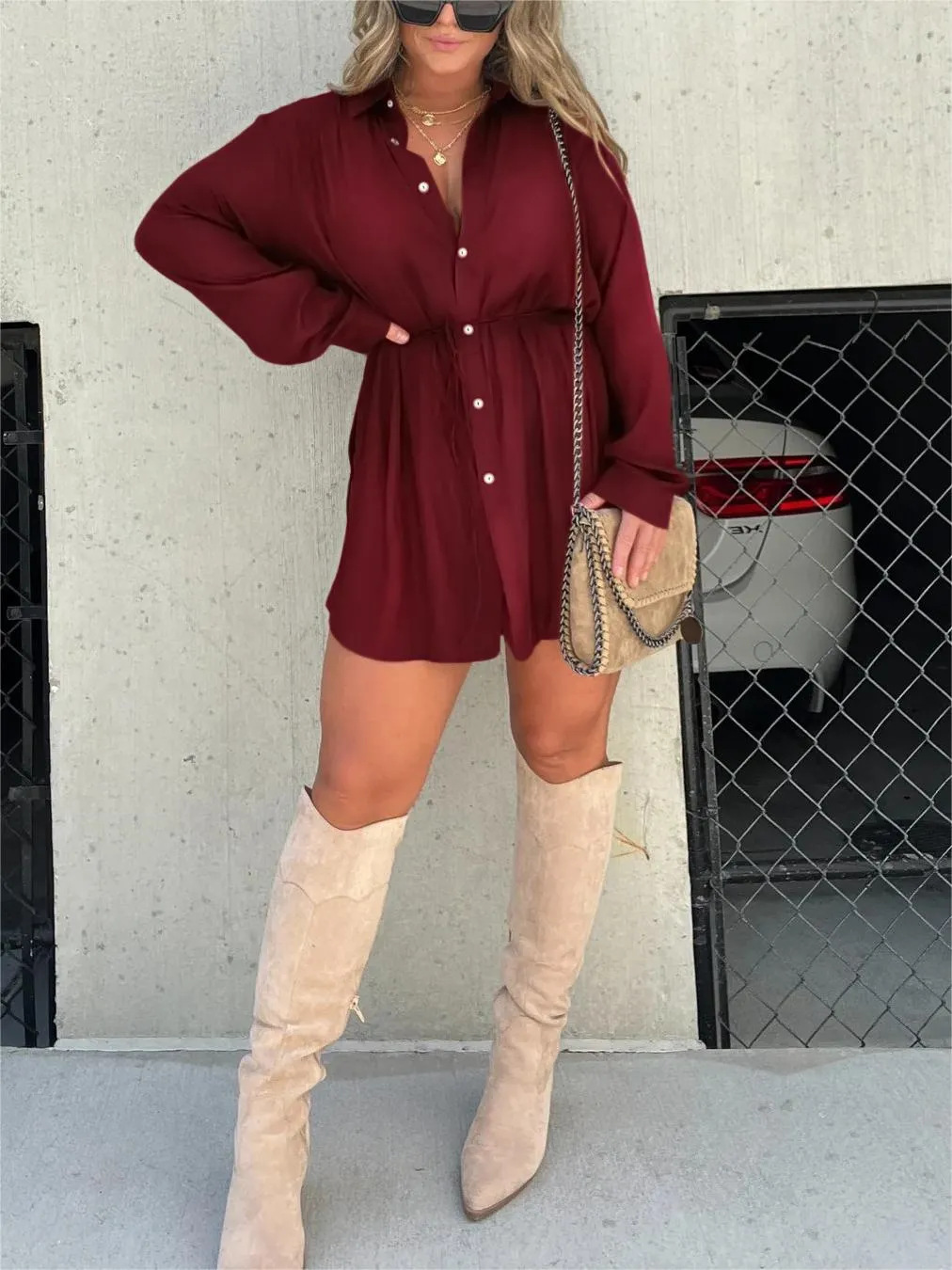 Shirtjurk | Mini | Knoopsluiting | Jurk met lange mouwen | Satijnen jurk-Boetiek Moda