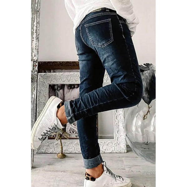 Skinny Jeans | Donkerblauw | Knoop | Lage Jeans | Dames Jeans-Boetiek Moda