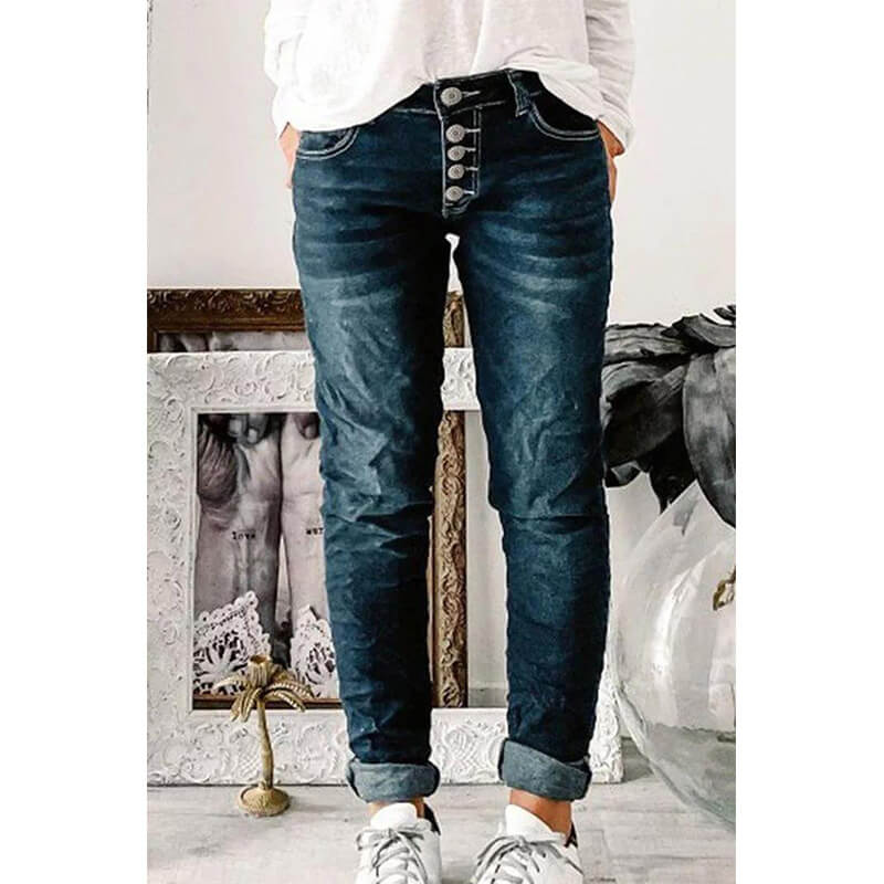 Skinny Jeans | Donkerblauw | Knoop | Lage Jeans | Dames Jeans-Boetiek Moda