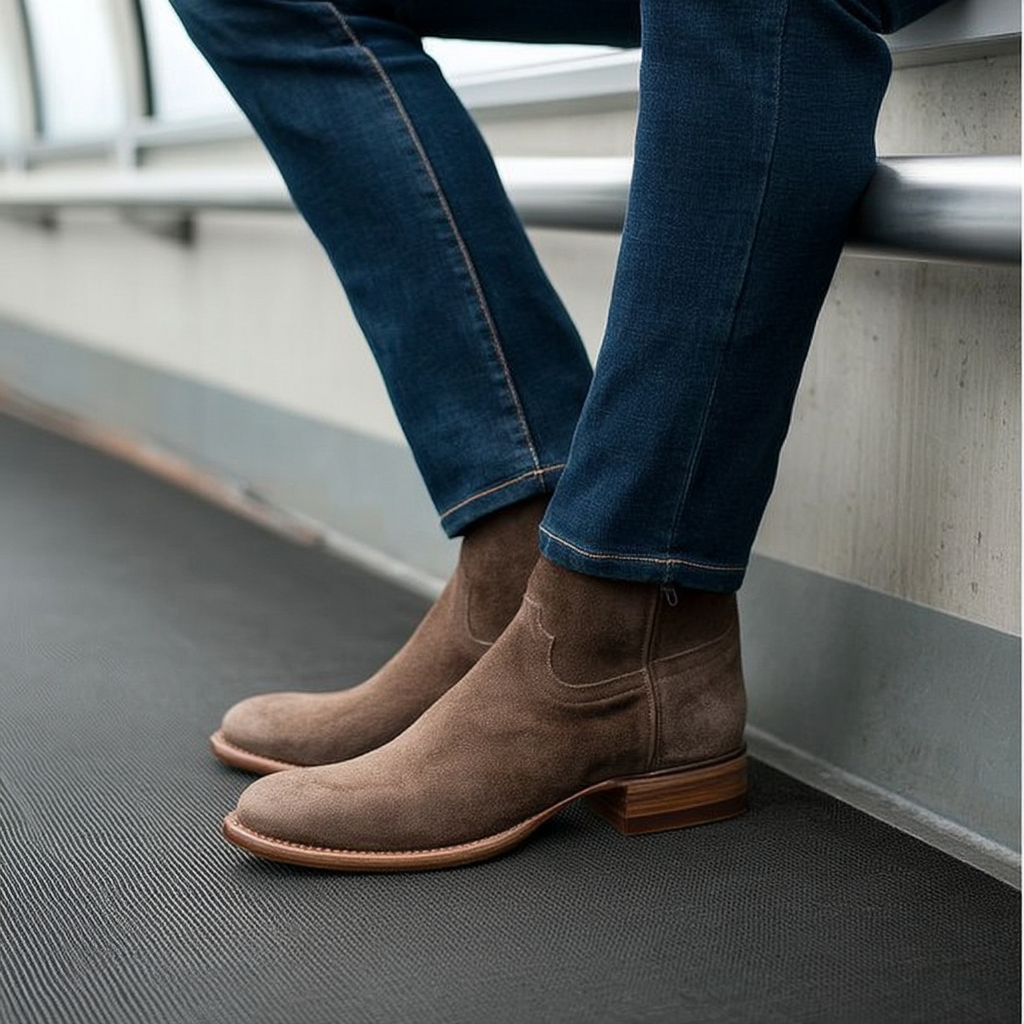 Suede Laarzen - Heren Bruin Rits Western Laarzen-Boetiek Moda