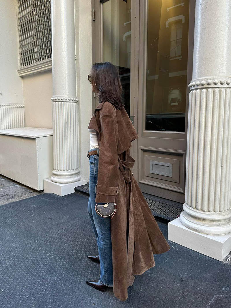 Suède Trench Coat - Bruin - Double Breasted - Lange Trench Coat - Damesjassen-Boetiek Moda