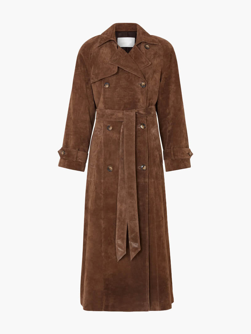 Suède Trench Coat - Bruin - Double Breasted - Lange Trench Coat - Damesjassen-Boetiek Moda