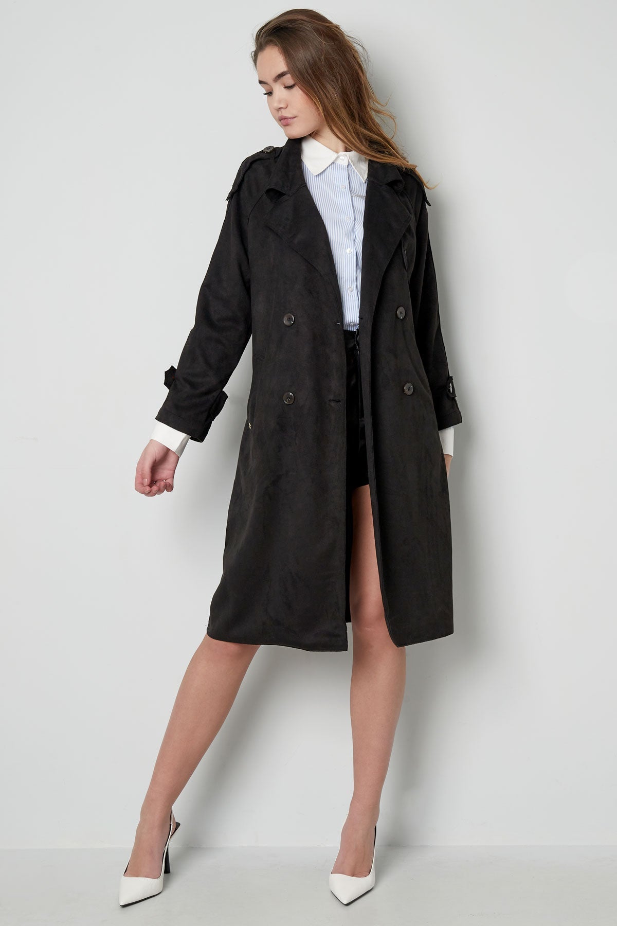 Suède Trenchcoat | Halflang | Herfst | Trenchcoat met dubbele knoopsluiting | Trenchcoat voor dames-Boetiek Moda