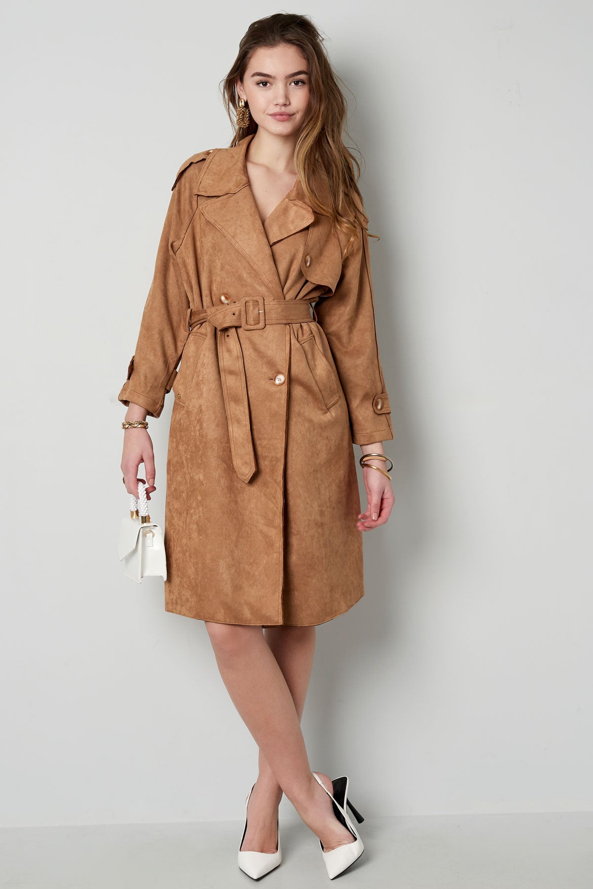 Suède Trenchcoat | Halflang | Herfst | Trenchcoat met dubbele knoopsluiting | Trenchcoat voor dames-Boetiek Moda