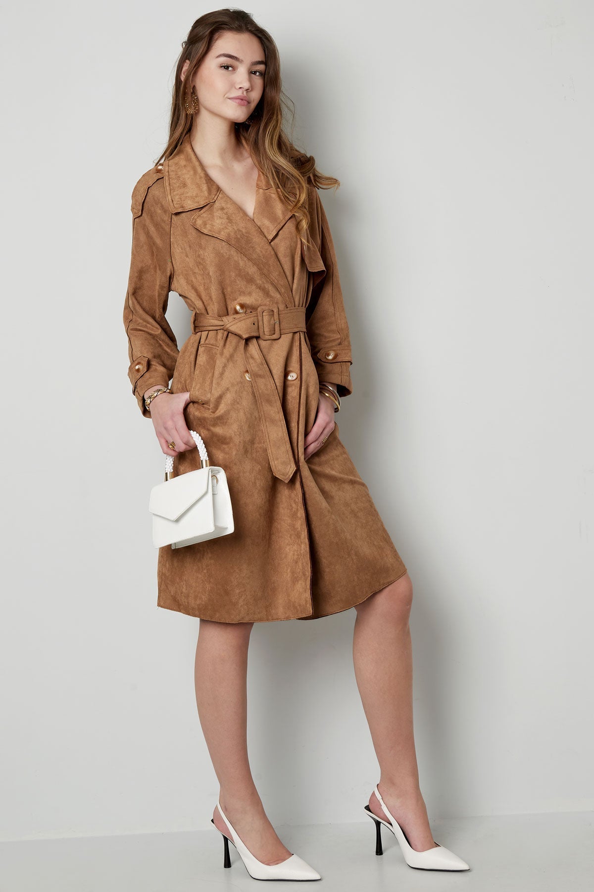 Suède Trenchcoat | Halflang | Herfst | Trenchcoat met dubbele knoopsluiting | Trenchcoat voor dames-Boetiek Moda