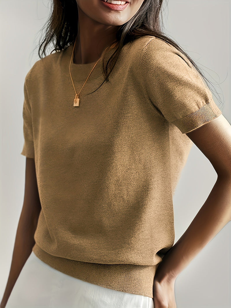 Sweater met korte mouwen - Kasjmier - Ronde hals - Gebreid T-shirt - Dameskleding-Boetiek Moda