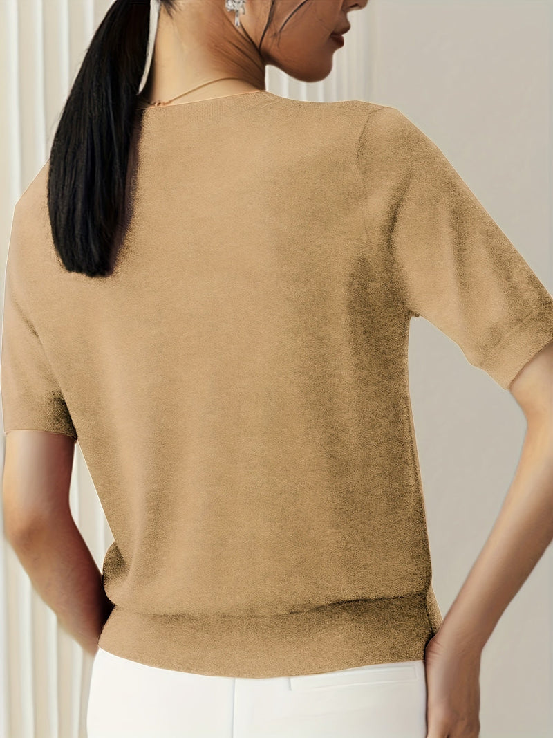 Sweater met korte mouwen - Kasjmier - Ronde hals - Gebreid T-shirt - Dameskleding-Boetiek Moda