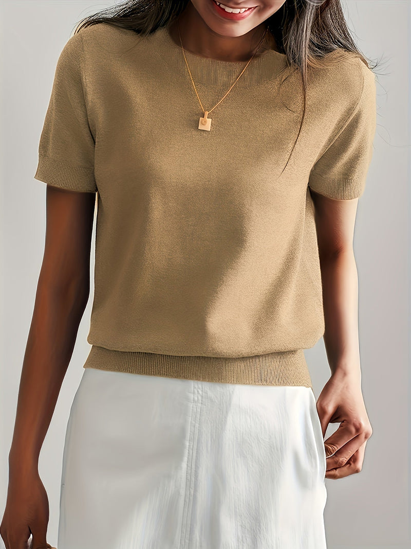 Sweater met korte mouwen - Kasjmier - Ronde hals - Gebreid T-shirt - Dameskleding-Boetiek Moda