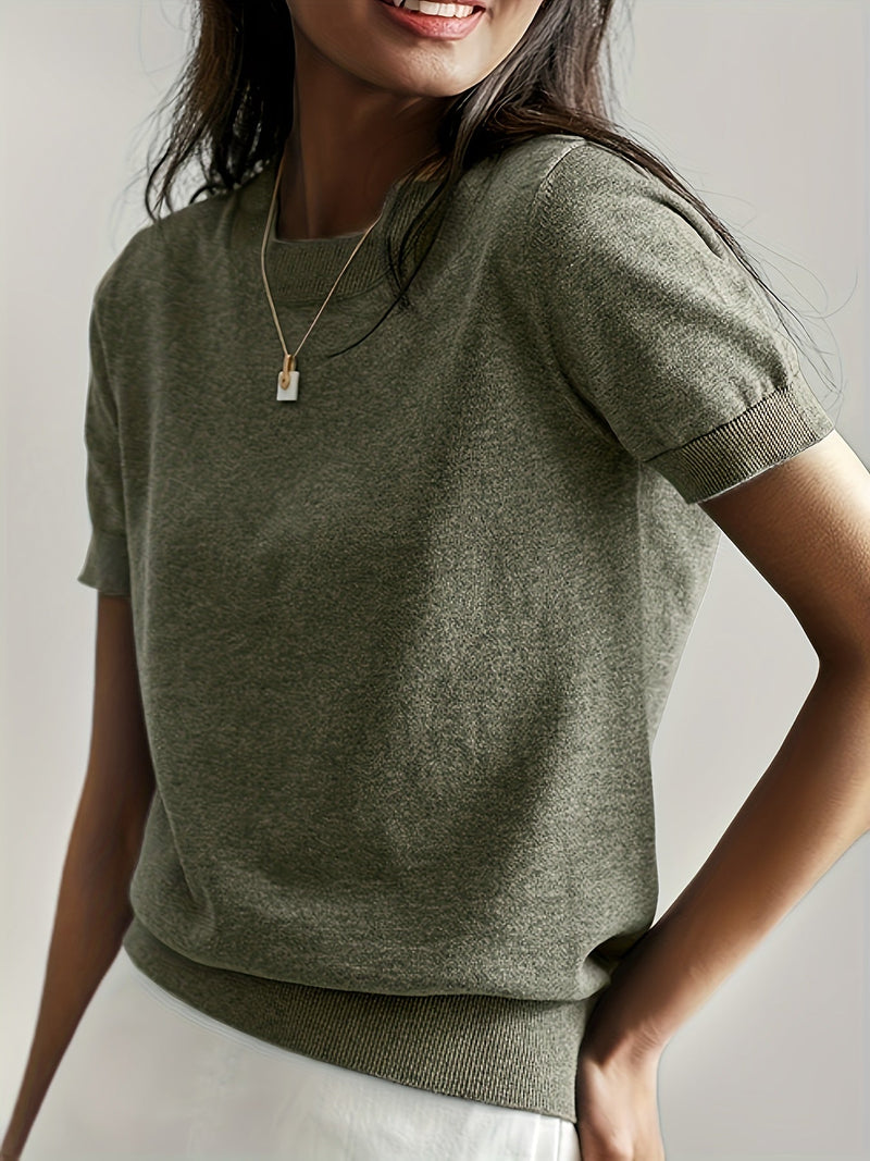 Sweater met korte mouwen - Kasjmier - Ronde hals - Gebreid T-shirt - Dameskleding-Boetiek Moda