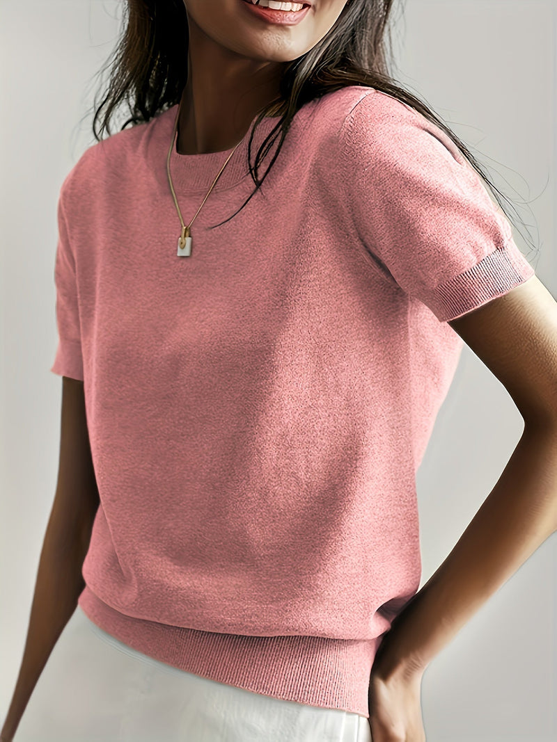 Sweater met korte mouwen - Kasjmier - Ronde hals - Gebreid T-shirt - Dameskleding-Boetiek Moda