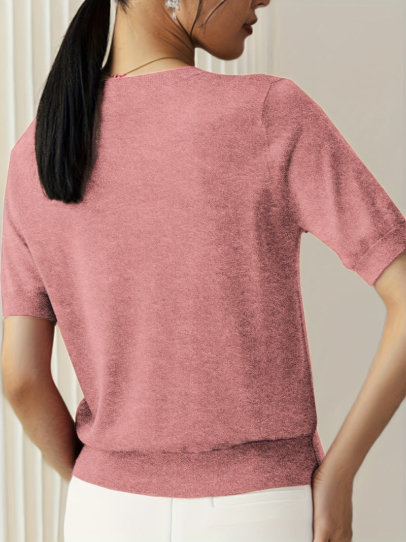 Sweater met korte mouwen - Kasjmier - Ronde hals - Gebreid T-shirt - Dameskleding-Boetiek Moda
