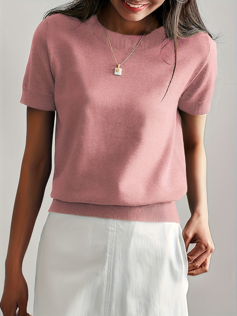 Sweater met korte mouwen - Kasjmier - Ronde hals - Gebreid T-shirt - Dameskleding-Boetiek Moda