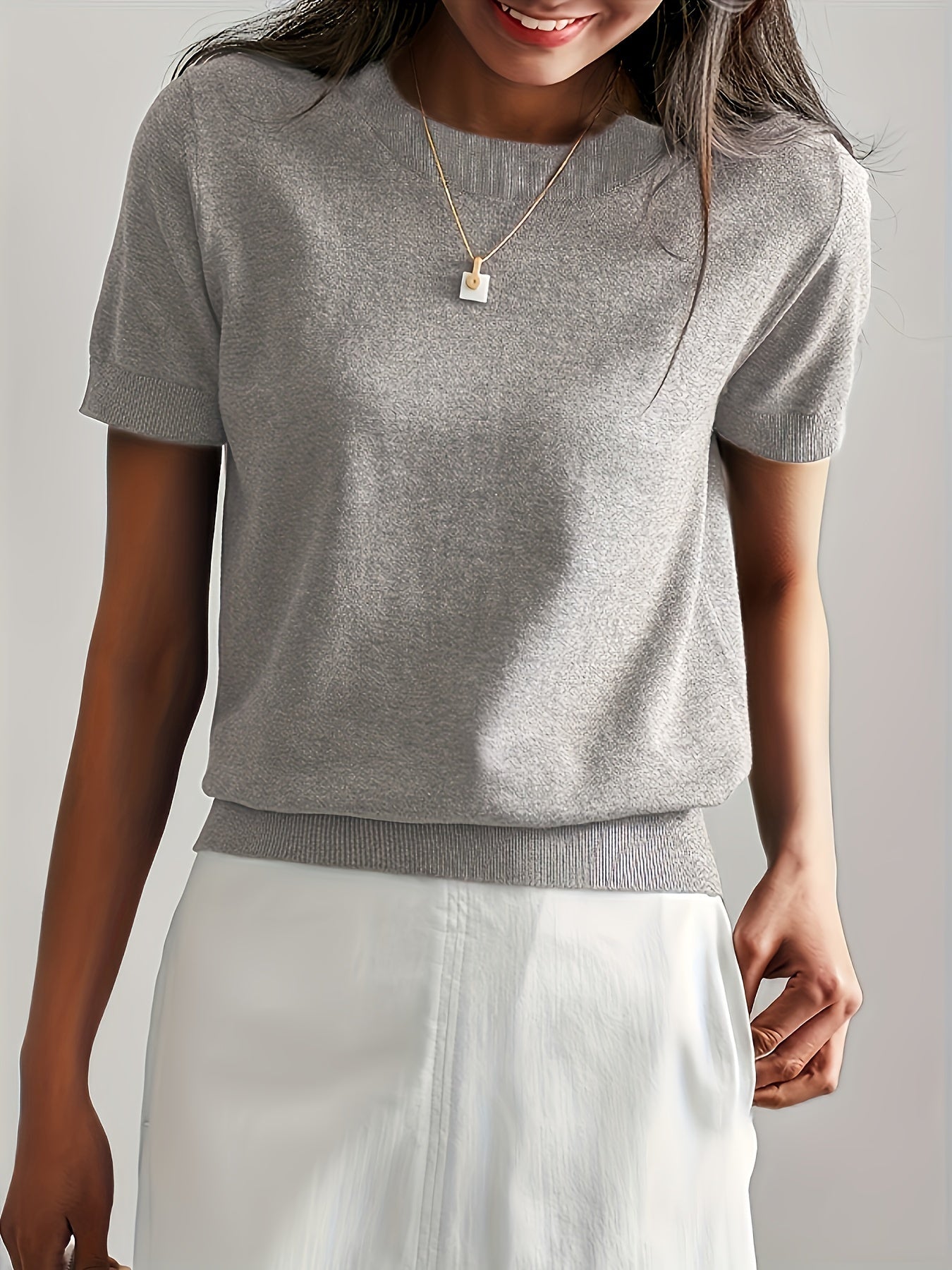 Sweater met korte mouwen - Kasjmier - Ronde hals - Gebreid T-shirt - Dameskleding-Boetiek Moda