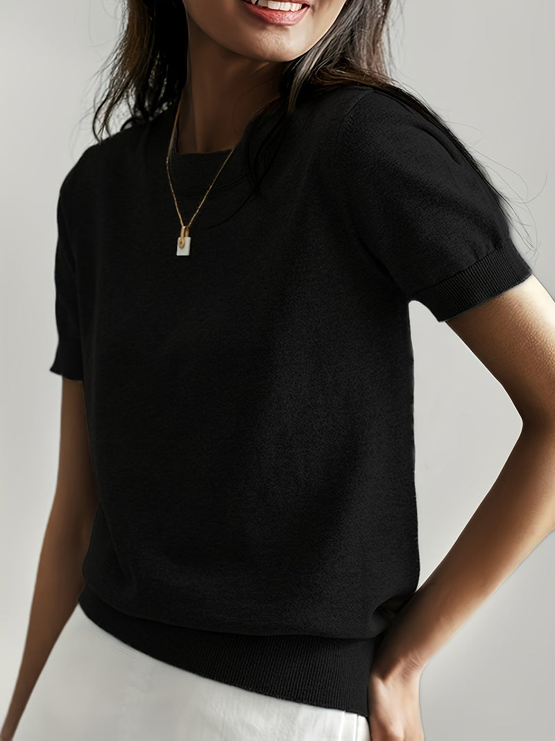 Sweater met korte mouwen - Kasjmier - Ronde hals - Gebreid T-shirt - Dameskleding-Boetiek Moda