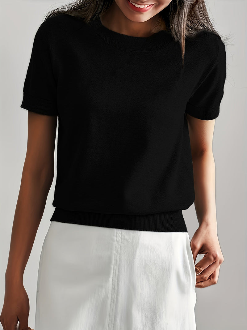 Sweater met korte mouwen - Kasjmier - Ronde hals - Gebreid T-shirt - Dameskleding-Boetiek Moda