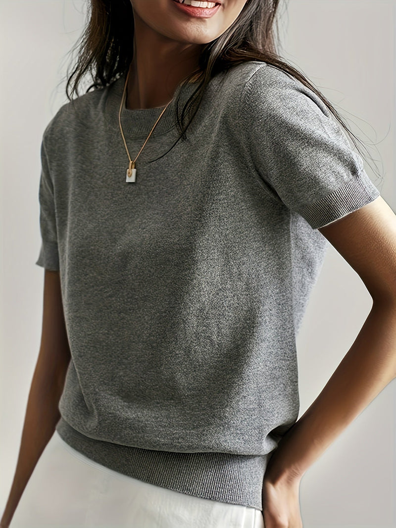 Sweater met korte mouwen - Kasjmier - Ronde hals - Gebreid T-shirt - Dameskleding-Boetiek Moda