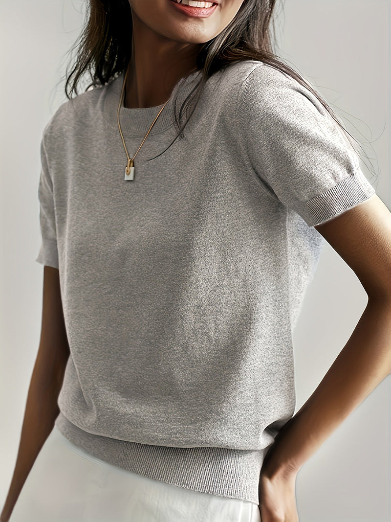 Sweater met korte mouwen - Kasjmier - Ronde hals - Gebreid T-shirt - Dameskleding-Boetiek Moda
