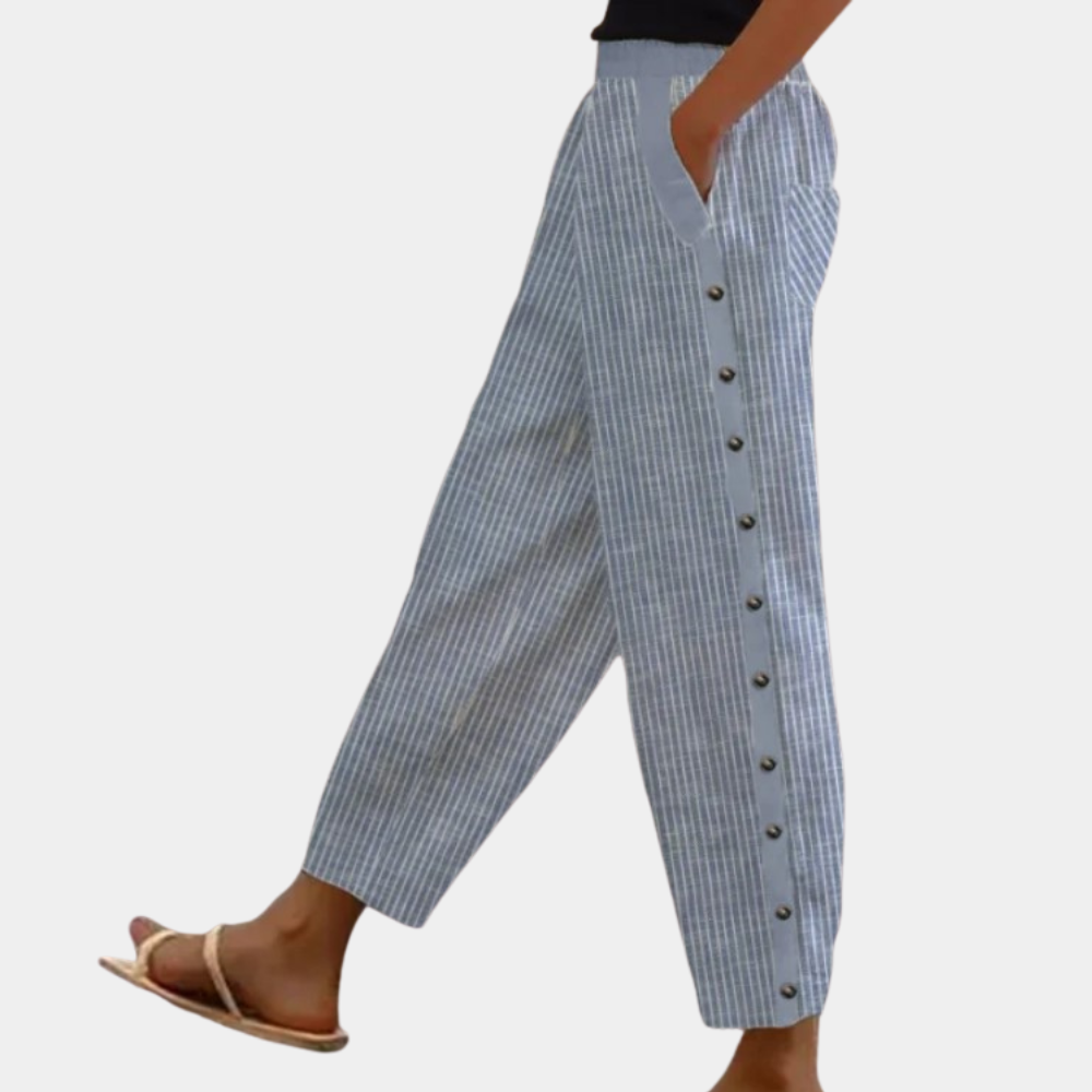 Gestreepte Broek - Losvallende linnen broek met knopen aan de zijkant voor dames, perfect voor de zomer