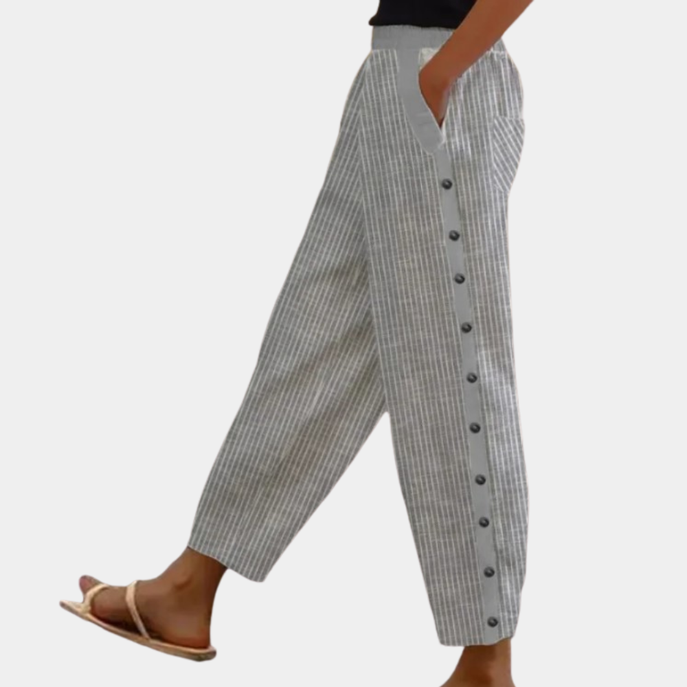 Gestreepte Broek - Losvallende linnen broek met knopen aan de zijkant voor dames, perfect voor de zomer