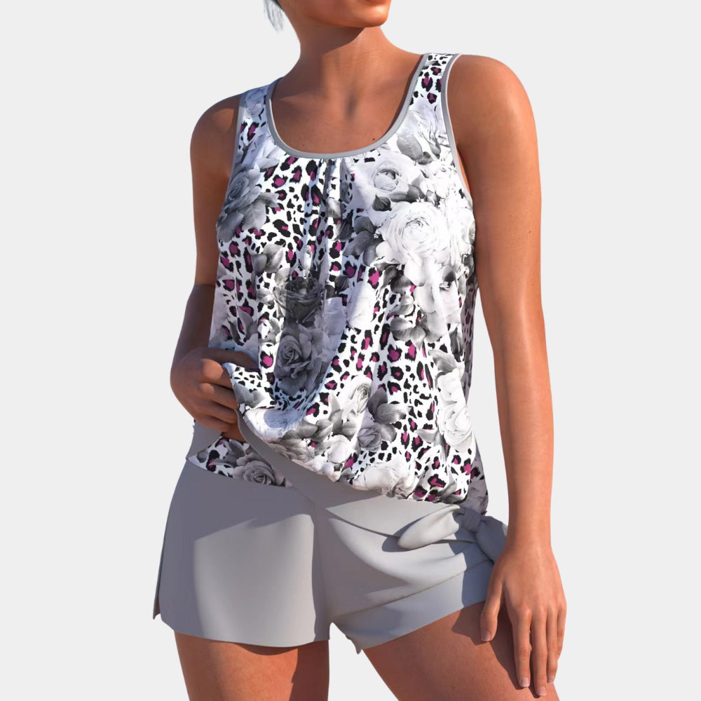 Tankini | Bloemenprint | Losse pasvorm | Zwemshort en top | Dameszwemkleding-Boetiek Moda