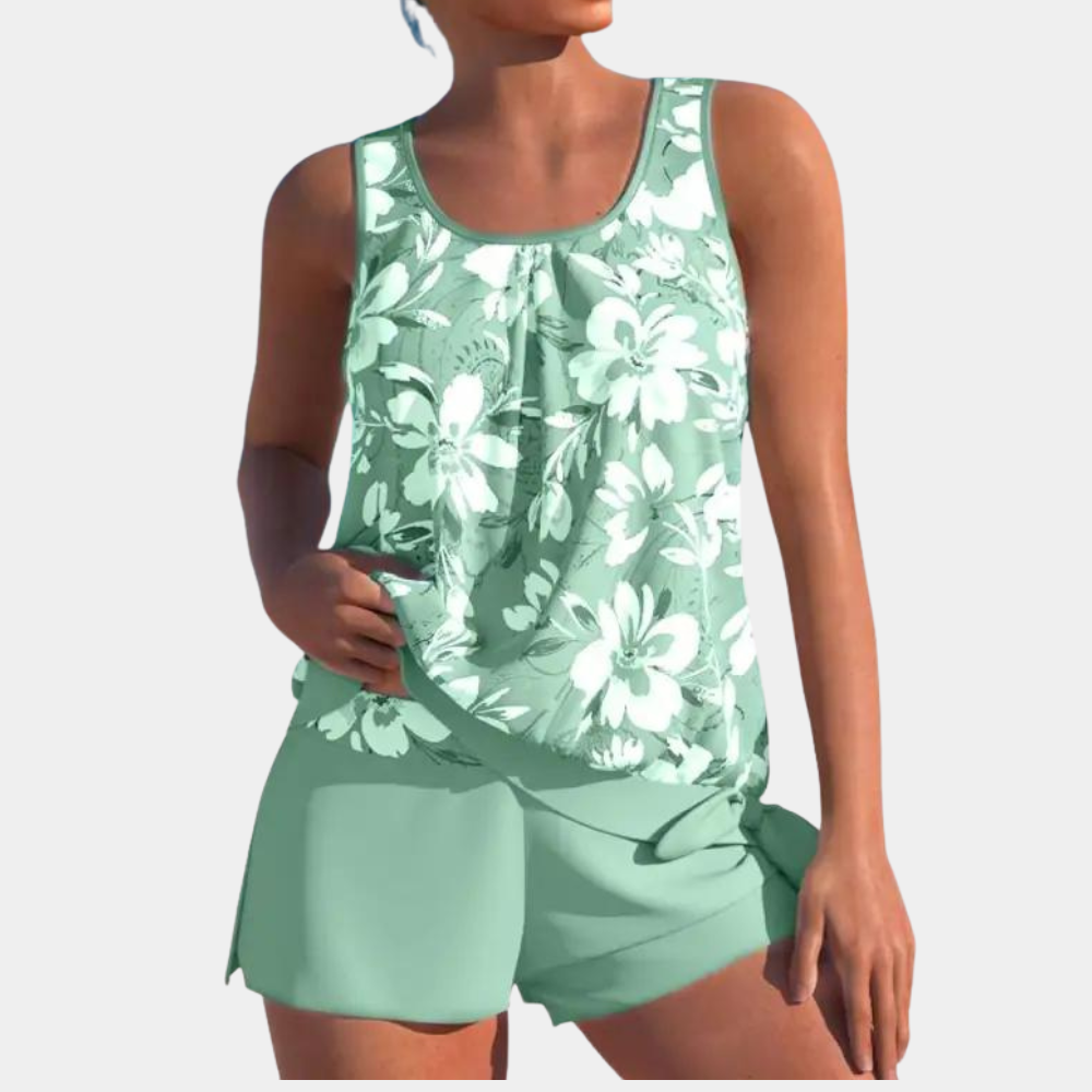 Tankini | Bloemenprint | Losse pasvorm | Zwemshort en top | Dameszwemkleding-Boetiek Moda