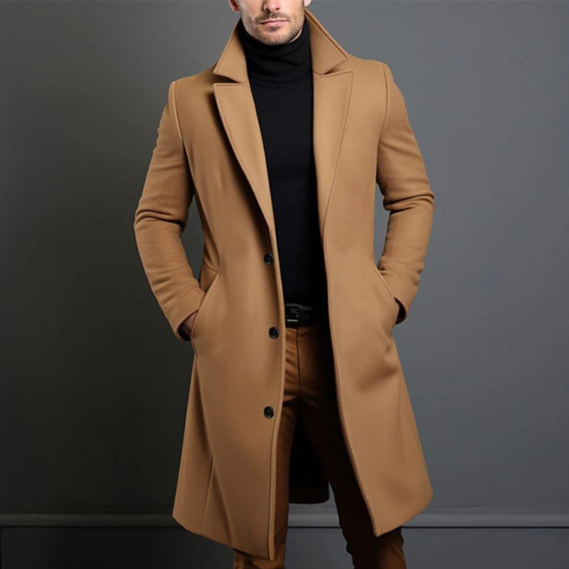 Trenchcoat - Klassieke lange wollen trenchcoat met één borst voor heren-Boetiek Moda