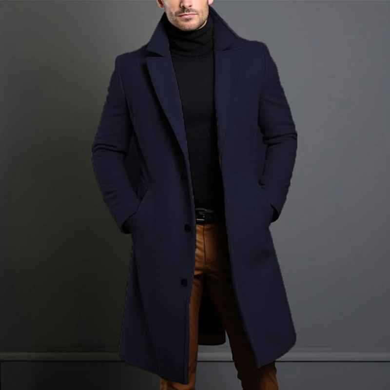Trenchcoat - Klassieke lange wollen trenchcoat met één borst voor heren-Boetiek Moda