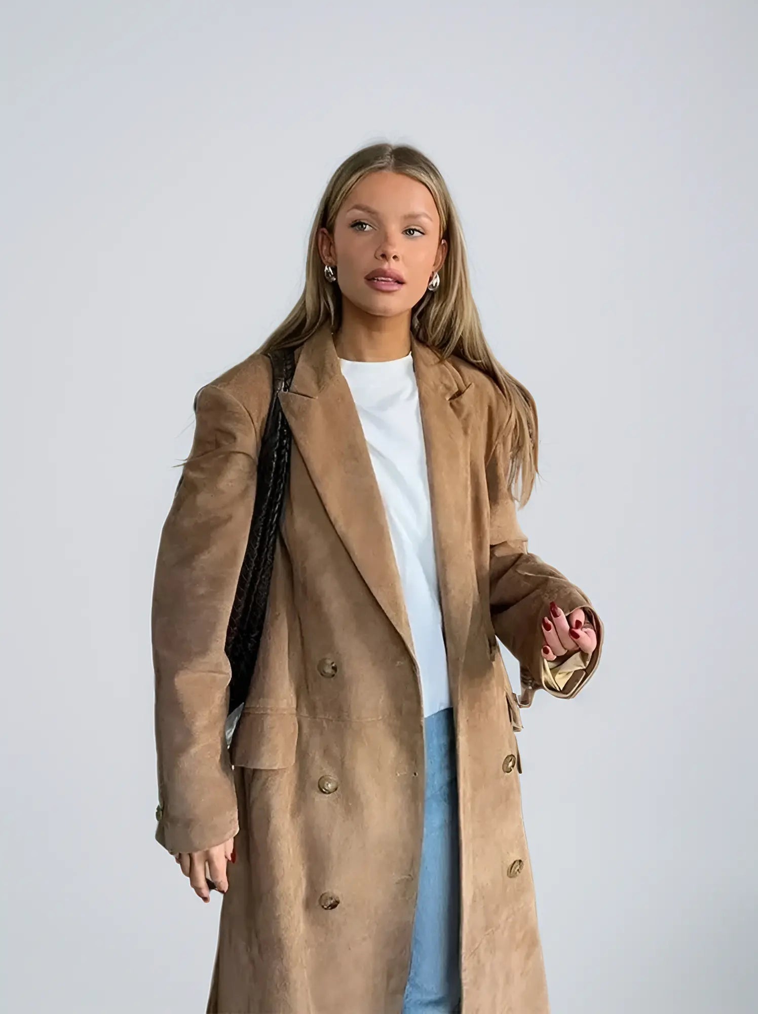 Trenchcoat | Suède | Dubbelrijks | Lange trenchcoat | Dames trenchcoat-Boetiek Moda