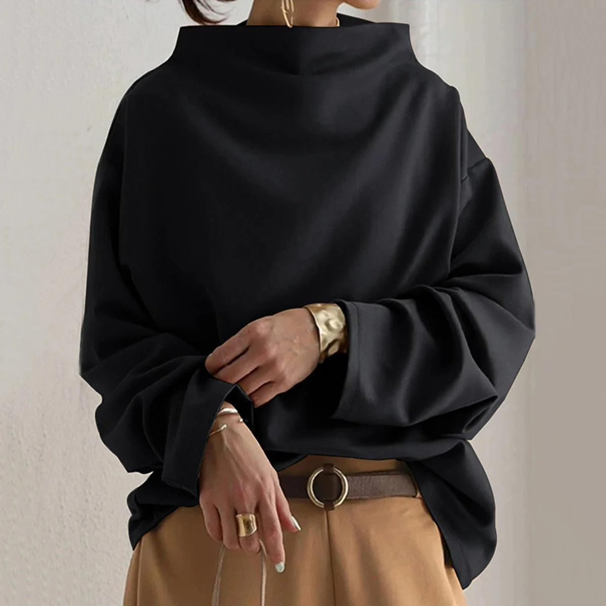 Trui | Hoge Hals | Zwart | Oversized Pullover | Dameskleding-Boetiek Moda
