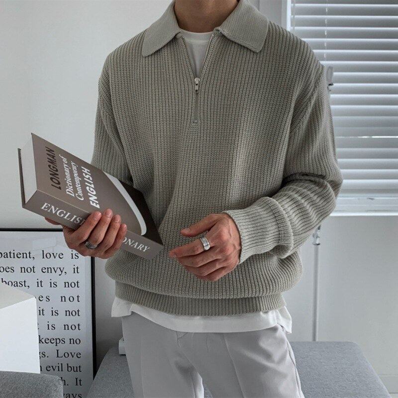 Trui met Kwartritssluiting | Gebreid | Losse pasvorm | Polotrui | Herenpullover met halve ritssluiting-Boetiek Moda