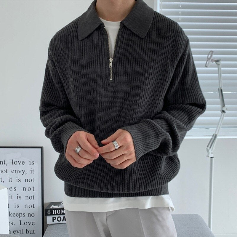 Trui met Kwartritssluiting | Gebreid | Losse pasvorm | Polotrui | Herenpullover met halve ritssluiting-Boetiek Moda